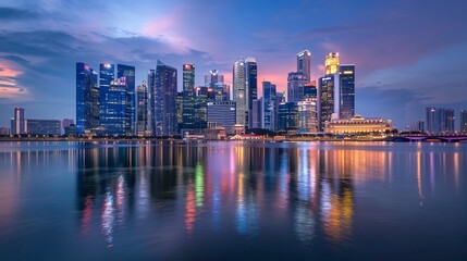 Obraz premium Singapore Skyline and view of skyscrapers on Marina Bay at sunset.