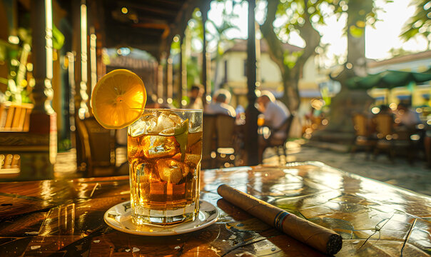 Close-up of a Cuban mojito with a slice of lime on a table next to a cigar in an outdoor colonial-style bar restaurant on a sunny afternoon.