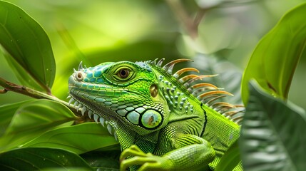 Fototapeta premium Portrait of green iguana. Exotic iguana. Mauritius island, Africa
