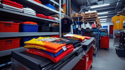 Modern printing machine with t-shirt at printshop