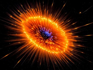 Abstract bright orange fiber particles with burst lights look like glowing galaxy 