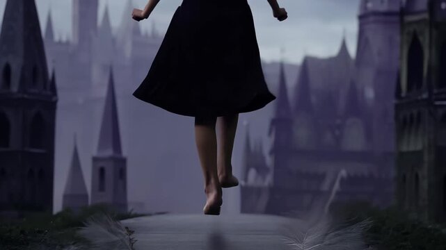 Low-angle shot: Witch's feet and flowing dress hem hover above ground. Camera tilts up, revealing unfurling wings against a brooding gothic cityscape backdrop.	