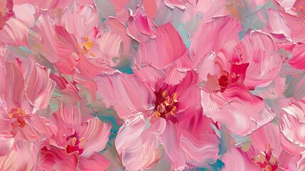 Fragment of an oil painting. Drawn bright pink flowers. Abstract colorful background