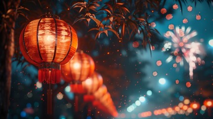 Festive Lanterns Against Fireworks Display at Night