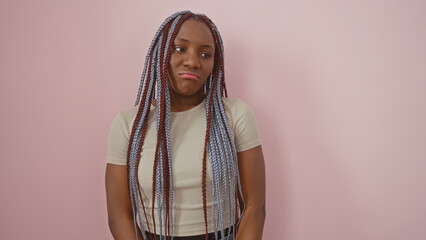 African american woman with braids poses against a pink isolated background, portraying a casual...