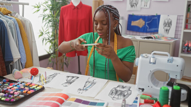 A focused black woman with braids examines a fashion design sketch in a bright tailor shop, surrounded by fabric swatches and sewing equipment. - Powered by Adobe