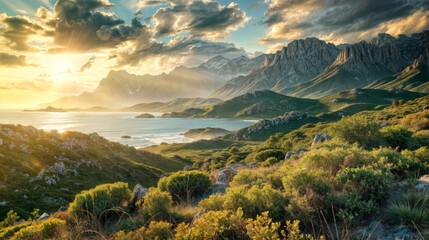 Scenic coastal landscape with mountains and ocean