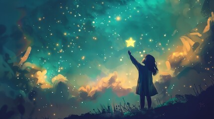 Fototapeta premium Young girl daydreaming on a cloud under a starry sky with a crescent moon.