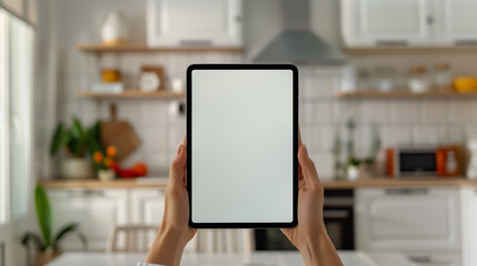 woman holding black tablet iPad Pro vertical with white blank screen, mockup, kitchen with white cabinets green plants