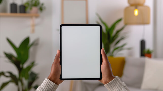 Person holding black tablet iPad Pro vertical with white blank screen, mockup, sitting at a modern desk with a desk lamp and a green plant in the background
