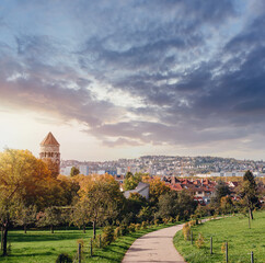 Germany, Stuttgart panorama view. Beautiful houses in autumn, Sky and nature landscape. Vineyards...