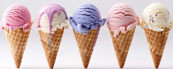 Four Delicious Ice Cream Cones with Dripping Caramel Toppings