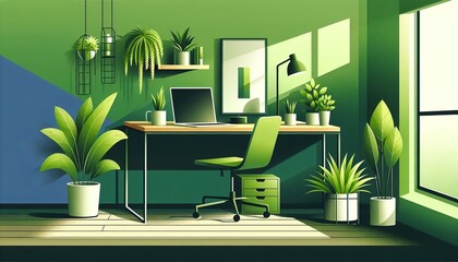 Fototapeta premium Modern office space adorned with various green plants, a desk, and a computer The vibrant greenery contrasts with the minimalist design, creating a refreshing workspace