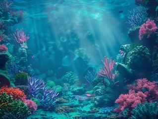 Fototapeta premium Copy space underwater theme, displaying a vibrant underwater scene with marine life and corals, creating an engaging backdrop for aquatic content 
