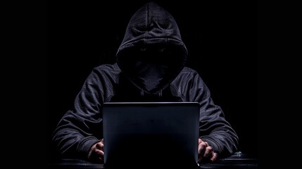 Faceless hacker typing on a laptop, with a dark background and the glow of the screen illuminating their hands, emphasizing the anonymity and mystery 