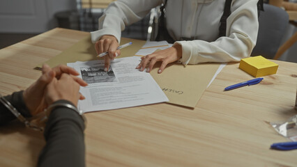 Woman investigator interrogates handcuffed man in an office, pointing at criminal evidence on table.