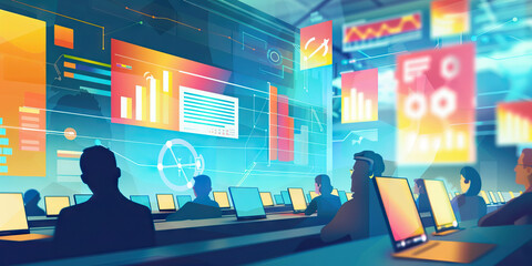 Digital Transformation: How Digitalization Transforms Industries and Drives Growth - Visualize a scene where digital transformation revolutionizes industries such as finance, healthcare, and education