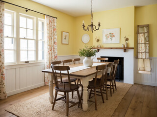 Fototapeta premium A cozy country style dining room with pastel yellow walls
