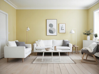 Scandinavian Living Room with Pastel Yellow Walls