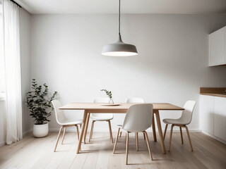 A Scandinavian style dining area with a light wood table and simple white chairs. The space is illuminated by a sleek pendant light