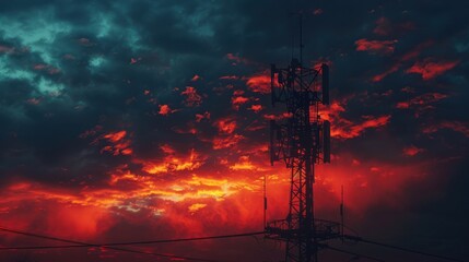 Naklejka premium Telecommunication Tower Silhouette Against Dramatic Sunset Sky