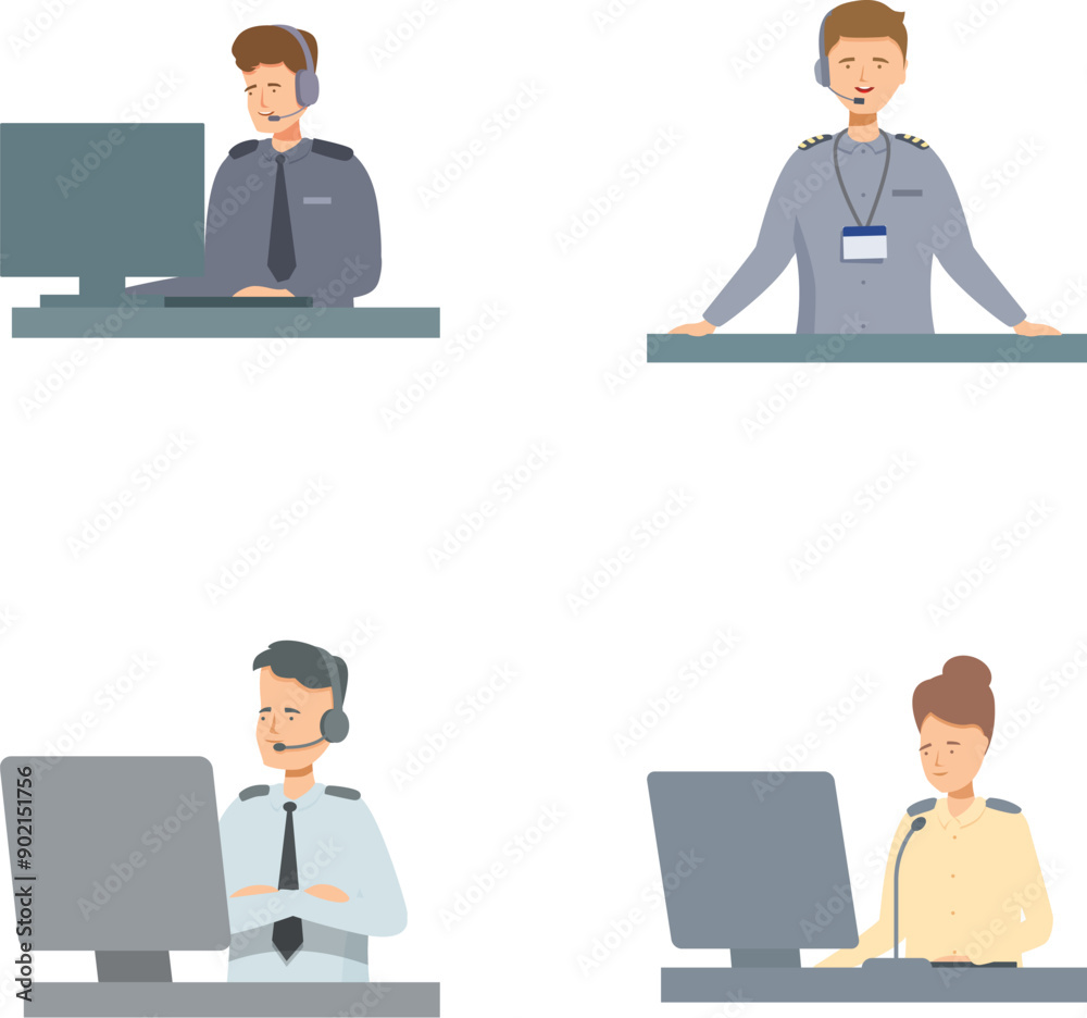 Poster set of four customer service representatives working on computers with headsets