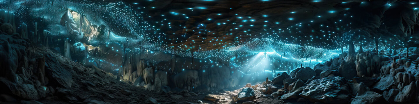 The Waitomo Glowworm Caves in New Zealand: A Ceiling Illuminated by Thousands of Glowworms - Picture a scene where the ceiling of the Waitomo Glowworm Caves is aglow with the light