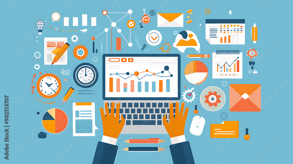Leinwandbilder marketing strategy concept. chart with keywords and icons. hands on working desk doing business