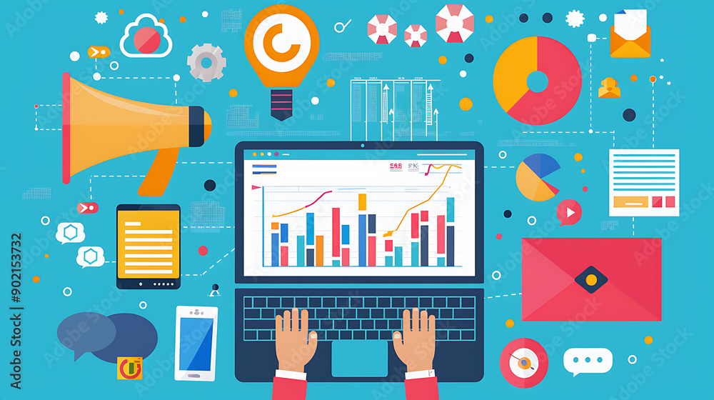 Aufkleber marketing strategy Concept. Chart with keywords and icons. hands on working desk doing business