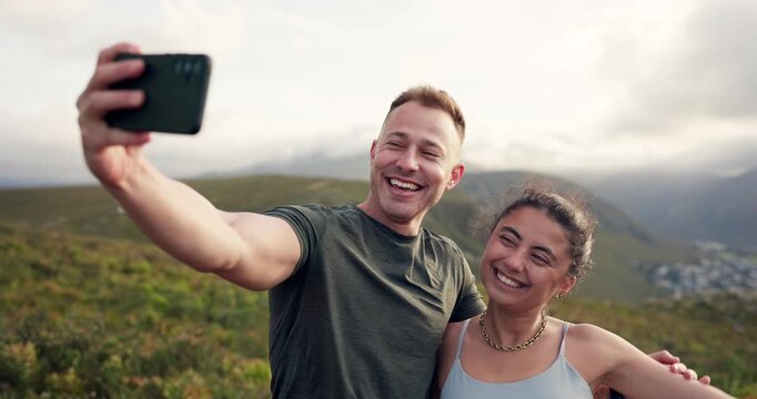 Hiking, fitness or happy couple in selfie in nature for photograph memory, teamwork or wellness. Man, woman or healthy people taking picture for social media vlog post in park for workout or exercise
