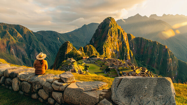 A woman sits on a rock overlooking a mountain range