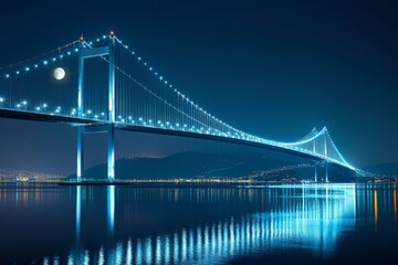 Obraz premium Nighttime Cityscape with Lit-Up Bridge and Reflections in Water