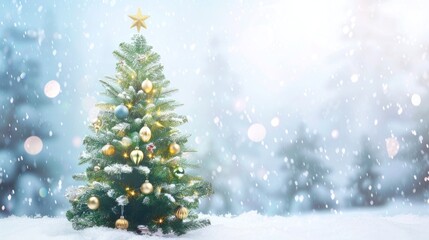 Fototapeta premium Snowy Christmas Tree with Golden Ornaments
