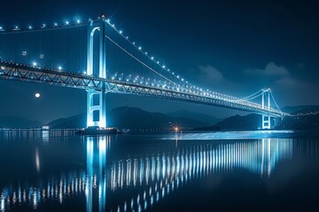 Fototapeta premium Nighttime Bridge Illumination with Reflection in Calm Water