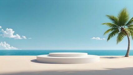 Obraz premium Minimalist 3D rendered scene with a white platform on a sandy beach with a palm tree.