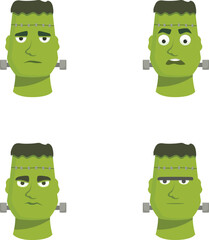 Collection of four cartoon frankenstein heads with different facial expressions