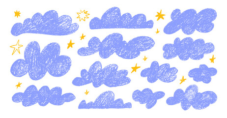 Collection of crayon drawn blue clouds and yellow cute stars in kid's style. Pencil drawings childish icons isolated on white.