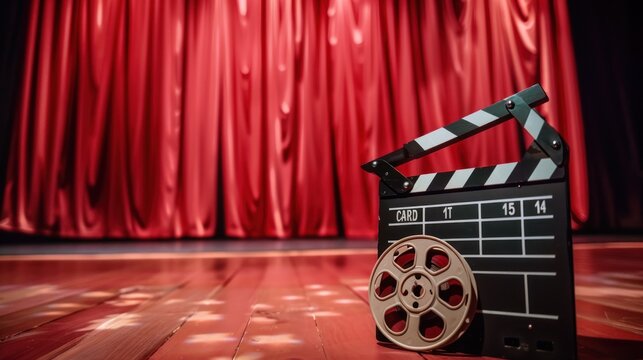 Movie Production Clapperboard and Film Reel on Stage