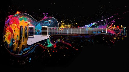 Electric Guitar Covered in Colorful Paint Splashes
