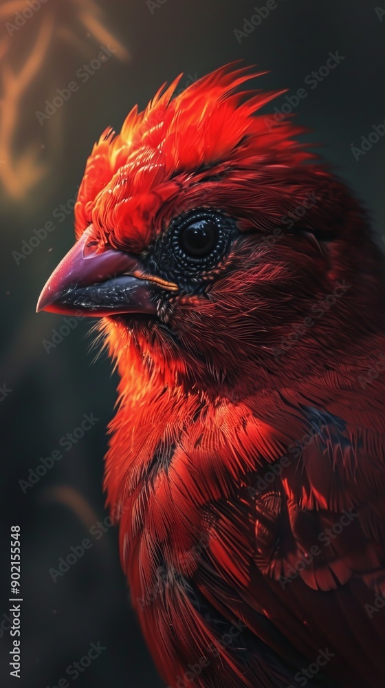 Poster close-up of a vibrant red bird with detailed feathers