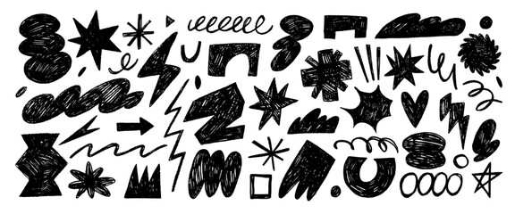 Funky abstract geometric shapes and icons drawn with crayon. Doodle contemporary figures, stars, arch, cloud, spiral, zigzag and other primitive elements. Retro style kid geometric graphic shapes.