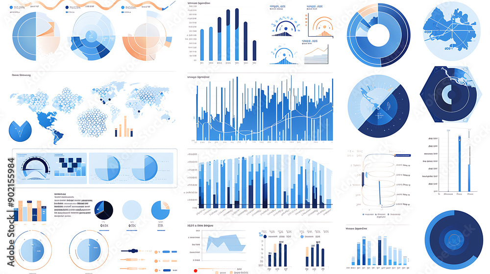 Poster prepareing report. blue graphs and charts.