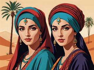 Fototapeta premium Two beautiful women with traditional Middle Eastern attire, adorned with jewels and headwear, gaze directly at the viewer against a desert background with palm trees.