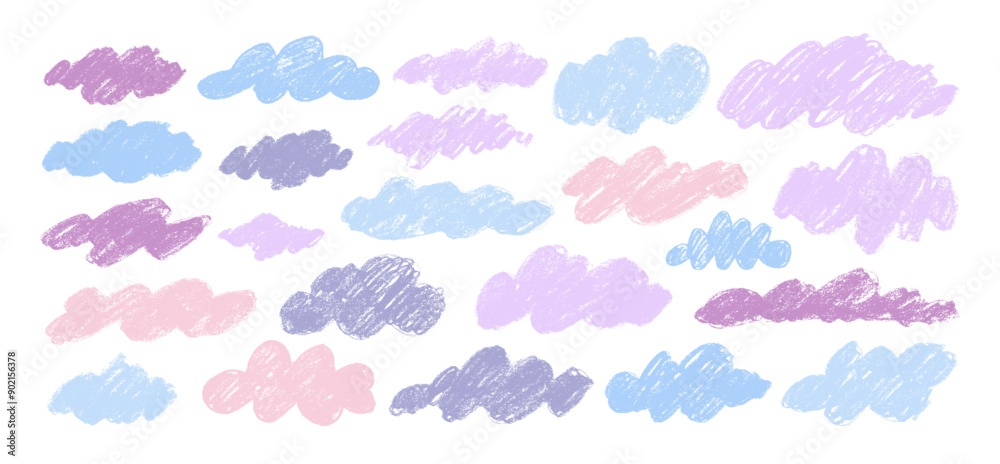 Poster collection of hand drawn fluffy clouds in kid's style in pastel colors. crayon drawn cloud icons wit