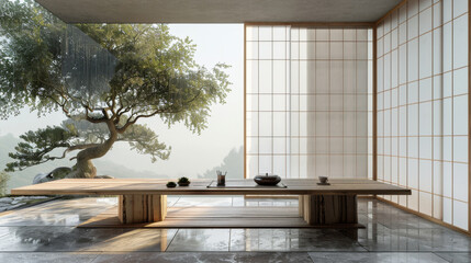 A large wooden table is set up in a room with a view of a tree outside