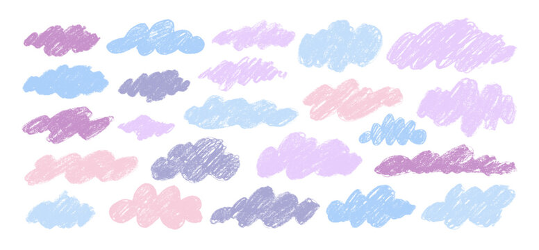 Collection of hand drawn fluffy clouds in kid's style in pastel colors. Crayon drawn cloud icons with rough sketch texture.
