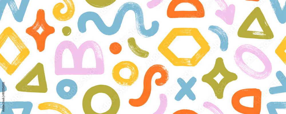 Aufkleber Colorful seamless pattern with basic geometric shapes and figures in kid's doodle style. Modern playful background with cute geometric shapes. Abstract graphic design banner with wavy bold lines.