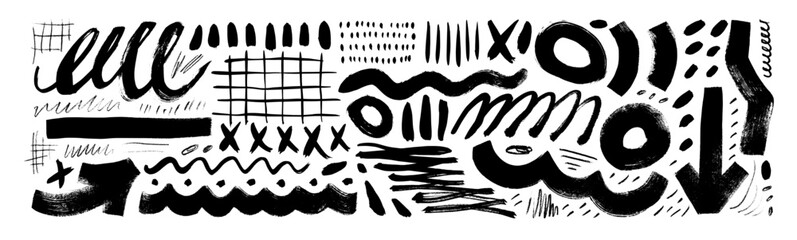 Hand drawn doodle scribble set, various brush strokes, arrows, grids and squiggles. Crayon underlines and marker doodle rough scratches. Grungy smears and rough crayon strokes, circles, crosses.