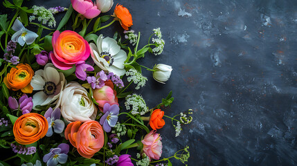 Spring season still life with Happy Easter greeting holiday script over dark blackboard background texture with beautiful colorful white, pink, orange, purple and green flower blossom bouquet on top