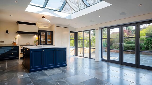 modern open plan kitchen with a large skylight, sash windows on the right side and an island in the style of royal blue at one end of the room